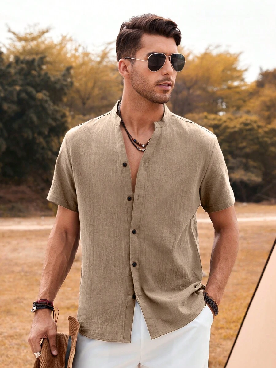 Manfinity Homme Men Solid Button Up Shirt - Khaki - View 1