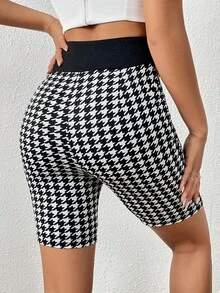 SHEIN Privé Houndstooth Print Button Detail Shorts - Black and White - View 2