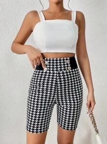 SHEIN Privé Houndstooth Print Button Detail Shorts - Black and White - View 4