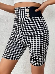SHEIN Privé Houndstooth Print Button Detail Shorts - Black and White - View 5
