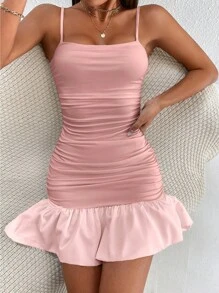 SHEIN PETITE 褶邊荷葉邊吊帶洋裝 - 藕粉色 - 查看 4