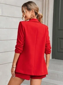 SHEIN Privé Shawl Collar Ruched Sleeve Blazer & Shorts Without Bra In Fall/Winter - Red - View 2