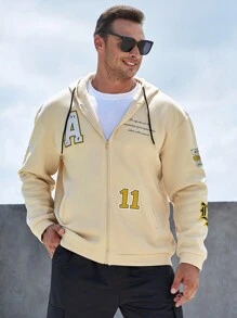 Manfinity Homme Nam Plus Đồ họa Khẩu hiệu Dây kéo Dây rút Hoodie - Màu Khaki - Xem 6