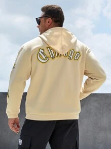 Manfinity Homme Nam Plus Đồ họa Khẩu hiệu Dây kéo Dây rút Hoodie - Màu Khaki - Xem 2
