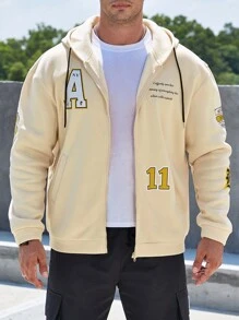 Manfinity Homme Nam Plus Đồ họa Khẩu hiệu Dây kéo Dây rút Hoodie - Màu Khaki - Xem 3