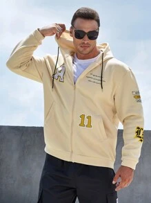 Manfinity Homme Nam Plus Đồ họa Khẩu hiệu Dây kéo Dây rút Hoodie - Màu Khaki - Xem 4