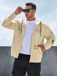 Manfinity Homme Nam Plus Đồ họa Khẩu hiệu Dây kéo Dây rút Hoodie - Màu Khaki - Xem 5