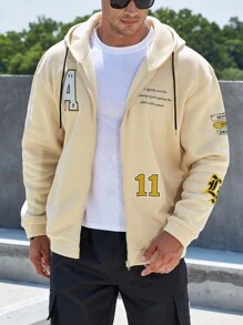 Manfinity Homme Nam Plus Đồ họa Khẩu hiệu Dây kéo Dây rút Hoodie - Màu Khaki - Xem 1