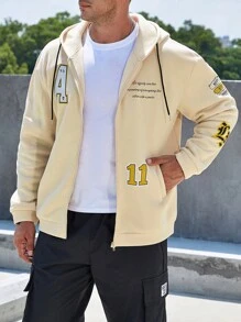 Manfinity Homme Nam Plus Đồ họa Khẩu hiệu Dây kéo Dây rút Hoodie - Màu Khaki - Xem 8