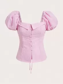 COSMINA Striped Puff Sleeve Button Front Blouse