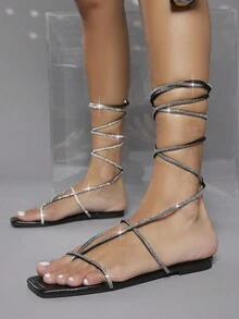 Đồ trang trí Rhinestone Dây chân Thiết kế Dép thông - màu đen - Xem 4