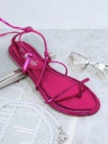 Patent PU Leather Lace Up Flat Sandals - Red Violet - View 2