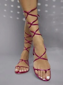 Patent PU Leather Lace Up Flat Sandals - Red Violet - View 3