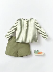 Cozy Pixies Baby Boy Striped Half Button Shirt & Shorts - Multicolor - View 9