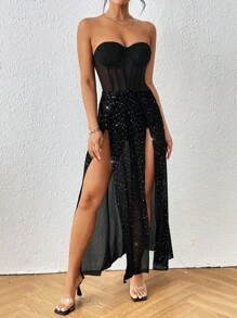 SHEIN Privé 網紗拼接高衩緊身上衣抹胸連衣裙 - 黑色 - 查看 1