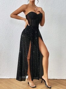 SHEIN Privé 網紗拼接高衩緊身上衣抹胸連衣裙 - 黑色 - 查看 3