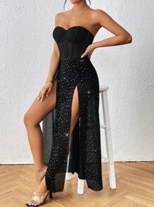 SHEIN Privé 網紗拼接高衩緊身上衣抹胸連衣裙 - 黑色 - 查看 6