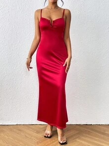 SHEIN Privé Đầm màu trơn Thanh lịch - Màu Hoa hồng đỏ - Xem 4