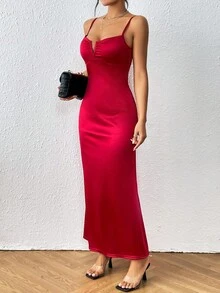 SHEIN Privé Đầm màu trơn Thanh lịch - Màu Hoa hồng đỏ - Xem 5