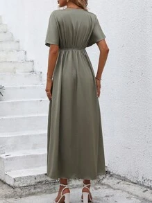 SHEIN Clasi 素色蝙蝠袖A字連衣裙 - 綠色 - 查看 3