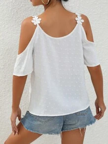 SHEIN Privé Áo sơ mi nữ Tương phản ren Đề can màu trơn Giải trí - trắng - Xem 2