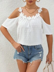 SHEIN Privé Áo sơ mi nữ Tương phản ren Đề can màu trơn Giải trí - trắng - Xem 4