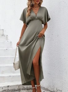 SHEIN Clasi 素色蝙蝠袖A字連衣裙 - 綠色 - 查看 7