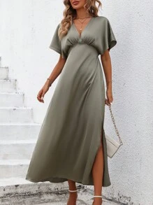 SHEIN Clasi 素色蝙蝠袖A字連衣裙 - 綠色 - 查看 1