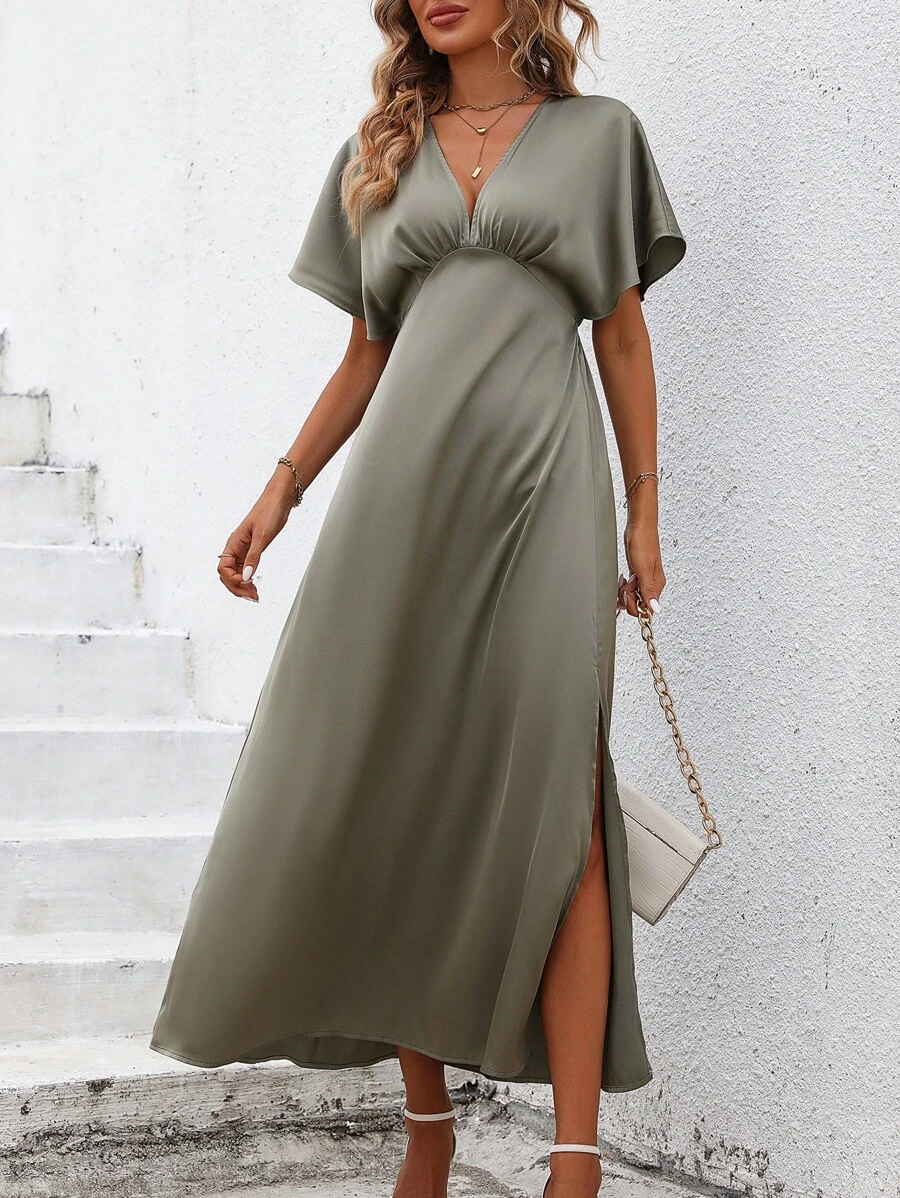 SHEIN Clasi 素色蝙蝠袖A字連衣裙 - 綠色 - 查看 1