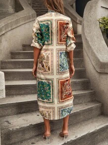 EURMUSE Scarf Print Button Front Shirt Dress - Multicolor - View 2