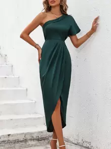 SHEIN Clasi One Shoulder Batwing Sleeve Wrap Hem Dress - Dark Green - View 3
