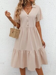 SHEIN VCAY Vestido smock unicolor bajo con fruncido - Albaricoque - Ver 3