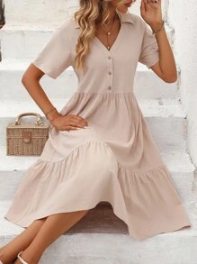 SHEIN VCAY Vestido smock unicolor bajo con fruncido - Albaricoque - Ver 5