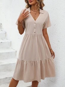SHEIN VCAY Vestido smock unicolor bajo con fruncido - Albaricoque - Ver 6