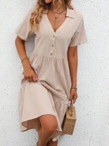 SHEIN VCAY Vestido smock unicolor bajo con fruncido - Albaricoque - Ver 2