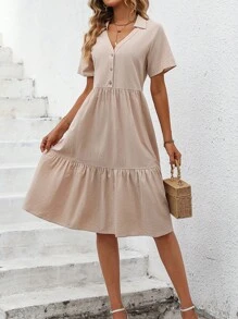 SHEIN VCAY Vestido smock unicolor bajo con fruncido - Albaricoque - Ver 1
