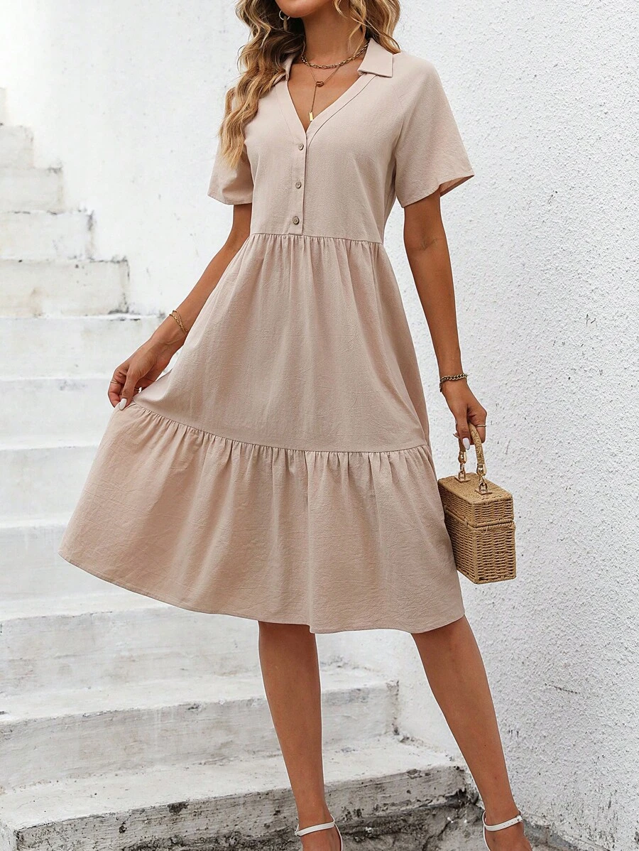 SHEIN VCAY Vestido smock unicolor bajo con fruncido - Albaricoque - Ver 1