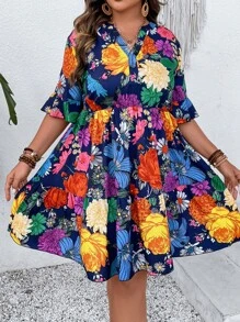 SHEIN Holidaya 大碼印花荷葉袖荷葉邊連衣裙 - 藏蓝色 - 查看 1