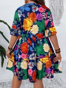 SHEIN Holidaya 大碼印花荷葉袖荷葉邊連衣裙 - 藏蓝色 - 查看 2