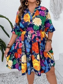 SHEIN Holidaya 大碼印花荷葉袖荷葉邊連衣裙 - 藏蓝色 - 查看 3