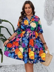 SHEIN Holidaya 大碼印花荷葉袖荷葉邊連衣裙 - 藏蓝色 - 查看 4