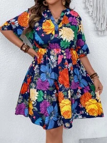 SHEIN Holidaya 大碼印花荷葉袖荷葉邊連衣裙 - 藏蓝色 - 查看 5