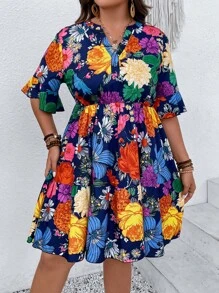 SHEIN Holidaya 大碼印花荷葉袖荷葉邊連衣裙 - 藏蓝色 - 查看 7