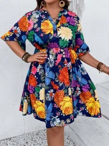 SHEIN Holidaya 大碼印花荷葉袖荷葉邊連衣裙 - 藏蓝色 - 查看 8