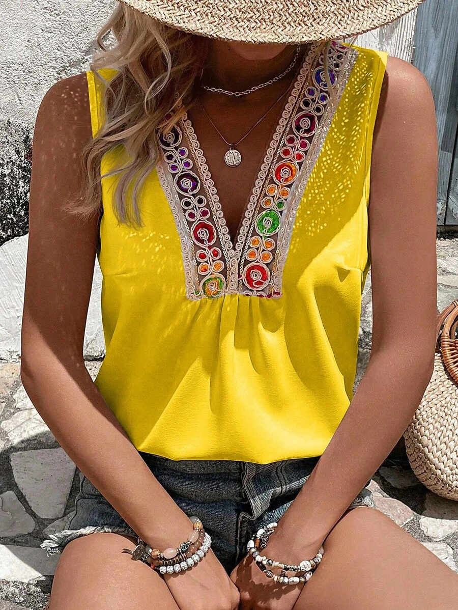 SHEIN VCAY Contrast Guipure Lace Sleeveless Blouse - Yellow - View 1
