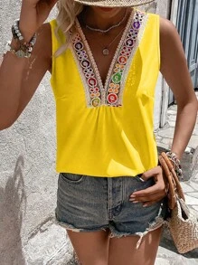 SHEIN VCAY Contrast Guipure Lace Sleeveless Blouse - Yellow - View 6
