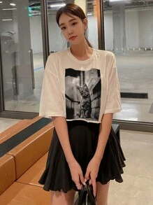 DAZY 貓印花落肩T恤 - 白色 - 查看 6