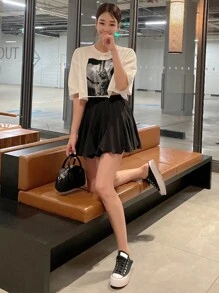 DAZY 貓印花落肩T恤 - 白色 - 查看 7