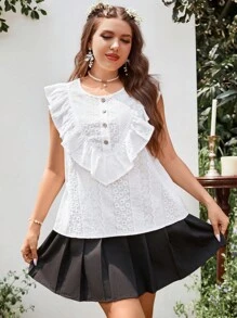 Flirla Plus Eyelet Embroidery Ruffle Trim Blouse - White - View 1