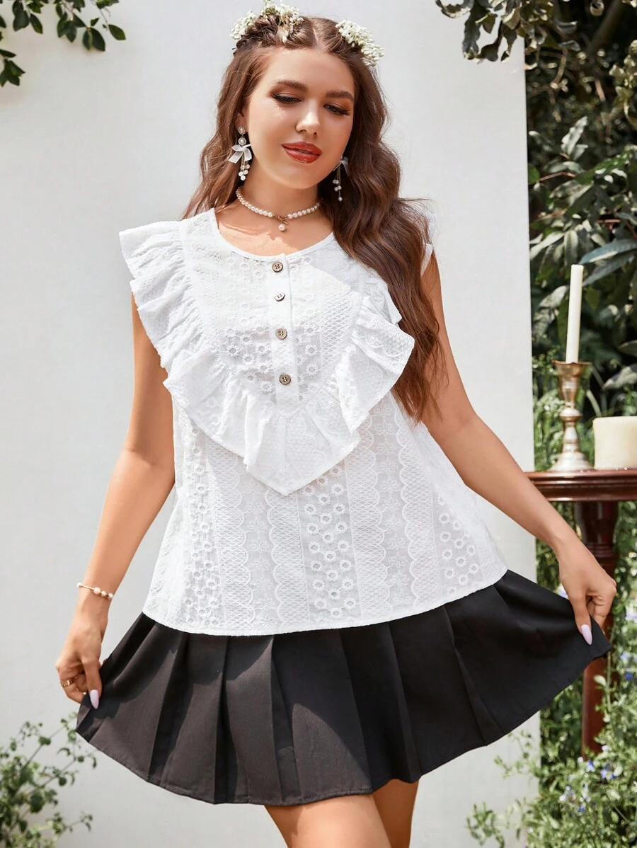 Flirla Plus Eyelet Embroidery Ruffle Trim Blouse - White - View 1